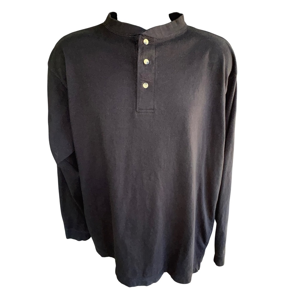 Puritan Mens Henley Shirt Large Black Long Sleeve 100% Cotton Mock Neck Casual